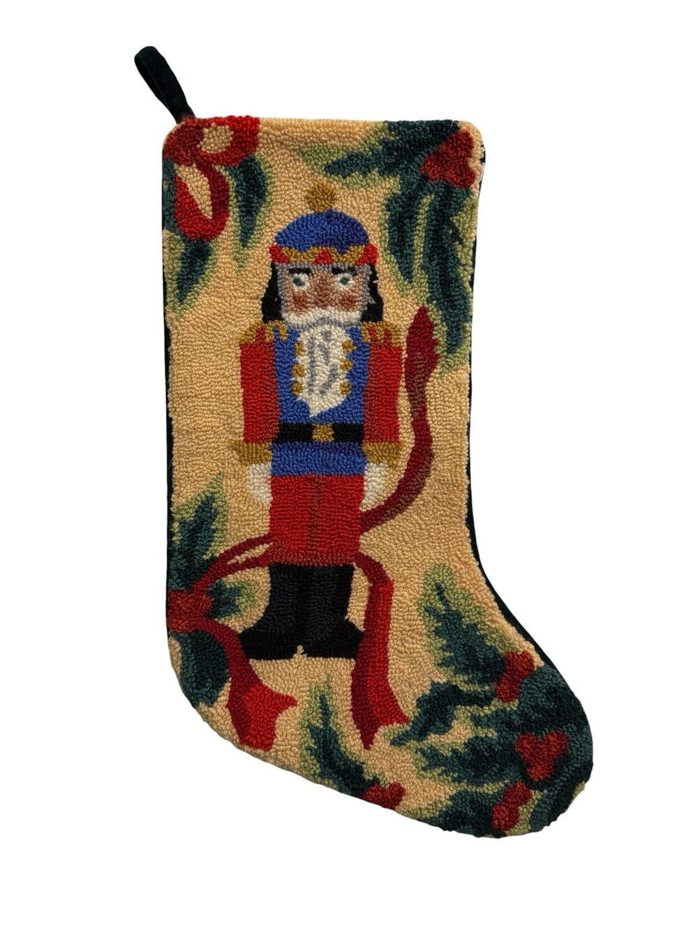 VTG Needlepoint Toy Soldier Christmas Stocking Wool Green Velvet Handmade 18”